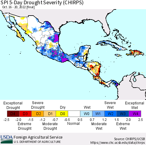 Mexico Central America and the Caribbean SPI 5-Day Drought Severity (CHIRPS) Thematic Map For 10/16/2022 - 10/20/2022