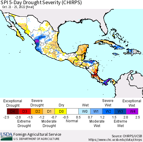 Mexico Central America and the Caribbean SPI 5-Day Drought Severity (CHIRPS) Thematic Map For 10/21/2022 - 10/25/2022
