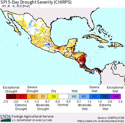 Mexico Central America and the Caribbean SPI 5-Day Drought Severity (CHIRPS) Thematic Map For 10/26/2022 - 10/31/2022