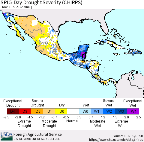 Mexico Central America and the Caribbean SPI 5-Day Drought Severity (CHIRPS) Thematic Map For 11/1/2022 - 11/5/2022