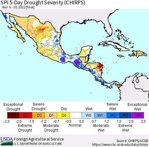 Mexico Central America and the Caribbean SPI 5-Day Drought Severity (CHIRPS) Thematic Map For 11/6/2022 - 11/10/2022