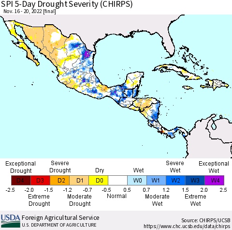 Mexico Central America and the Caribbean SPI 5-Day Drought Severity (CHIRPS) Thematic Map For 11/16/2022 - 11/20/2022