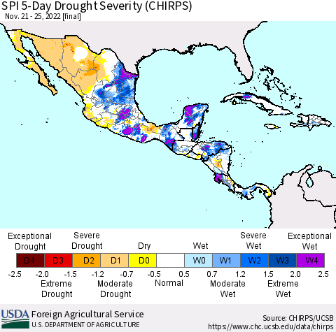 Mexico Central America and the Caribbean SPI 5-Day Drought Severity (CHIRPS) Thematic Map For 11/21/2022 - 11/25/2022