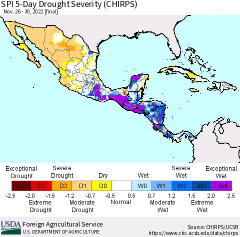 Mexico Central America and the Caribbean SPI 5-Day Drought Severity (CHIRPS) Thematic Map For 11/26/2022 - 11/30/2022
