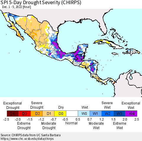 Mexico Central America and the Caribbean SPI 5-Day Drought Severity (CHIRPS) Thematic Map For 12/1/2022 - 12/5/2022