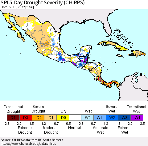 Mexico Central America and the Caribbean SPI 5-Day Drought Severity (CHIRPS) Thematic Map For 12/6/2022 - 12/10/2022