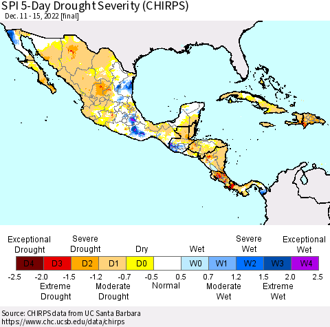 Mexico Central America and the Caribbean SPI 5-Day Drought Severity (CHIRPS) Thematic Map For 12/11/2022 - 12/15/2022