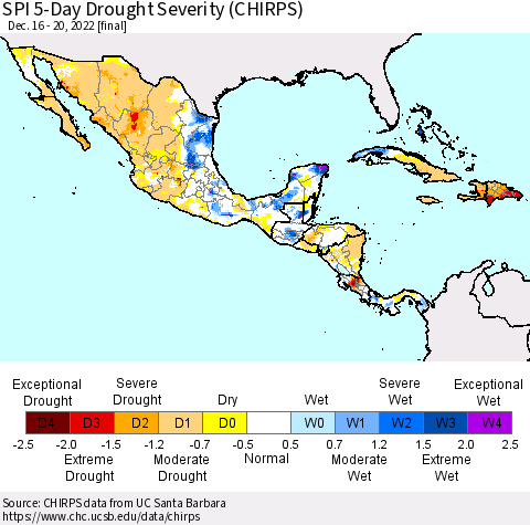 Mexico Central America and the Caribbean SPI 5-Day Drought Severity (CHIRPS) Thematic Map For 12/16/2022 - 12/20/2022