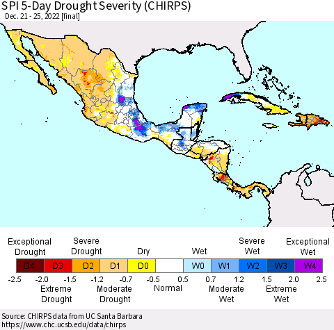 Mexico Central America and the Caribbean SPI 5-Day Drought Severity (CHIRPS) Thematic Map For 12/21/2022 - 12/25/2022