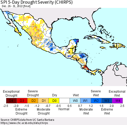 Mexico Central America and the Caribbean SPI 5-Day Drought Severity (CHIRPS) Thematic Map For 12/26/2022 - 12/31/2022