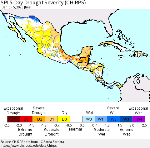Mexico Central America and the Caribbean SPI 5-Day Drought Severity (CHIRPS) Thematic Map For 1/1/2023 - 1/5/2023
