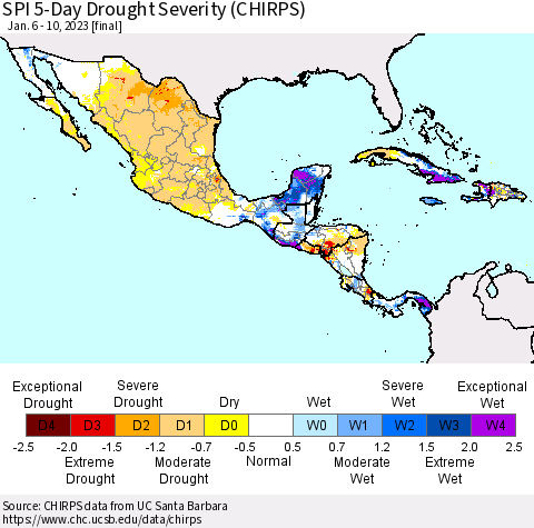 Mexico Central America and the Caribbean SPI 5-Day Drought Severity (CHIRPS) Thematic Map For 1/6/2023 - 1/10/2023