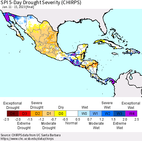 Mexico Central America and the Caribbean SPI 5-Day Drought Severity (CHIRPS) Thematic Map For 1/11/2023 - 1/15/2023