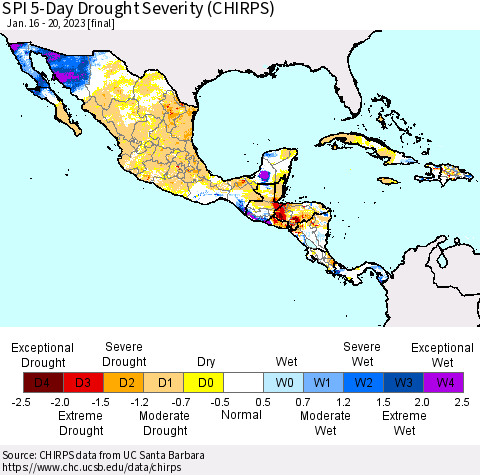 Mexico Central America and the Caribbean SPI 5-Day Drought Severity (CHIRPS) Thematic Map For 1/16/2023 - 1/20/2023