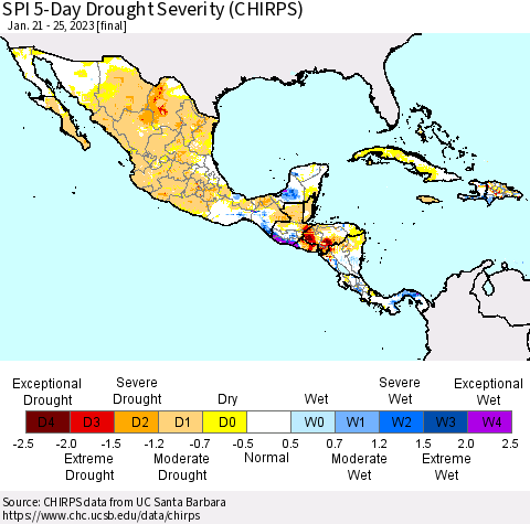 Mexico Central America and the Caribbean SPI 5-Day Drought Severity (CHIRPS) Thematic Map For 1/21/2023 - 1/25/2023