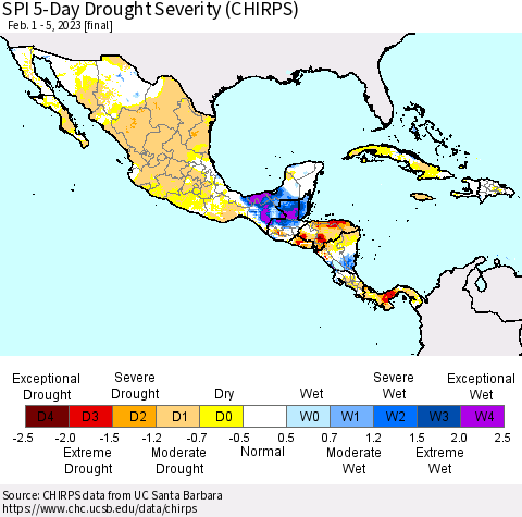 Mexico Central America and the Caribbean SPI 5-Day Drought Severity (CHIRPS) Thematic Map For 2/1/2023 - 2/5/2023