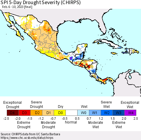 Mexico Central America and the Caribbean SPI 5-Day Drought Severity (CHIRPS) Thematic Map For 2/6/2023 - 2/10/2023