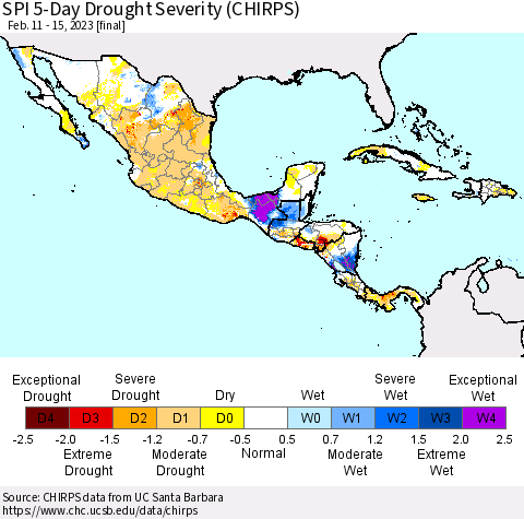 Mexico Central America and the Caribbean SPI 5-Day Drought Severity (CHIRPS) Thematic Map For 2/11/2023 - 2/15/2023