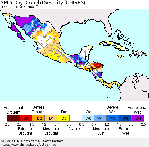 Mexico Central America and the Caribbean SPI 5-Day Drought Severity (CHIRPS) Thematic Map For 2/16/2023 - 2/20/2023