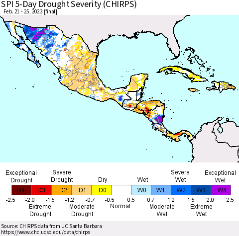 Mexico Central America and the Caribbean SPI 5-Day Drought Severity (CHIRPS) Thematic Map For 2/21/2023 - 2/25/2023