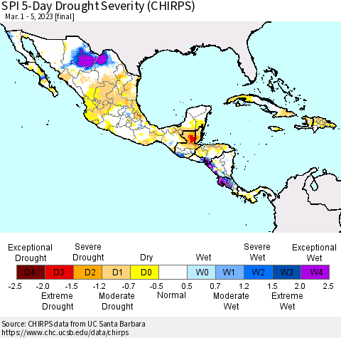 Mexico Central America and the Caribbean SPI 5-Day Drought Severity (CHIRPS) Thematic Map For 3/1/2023 - 3/5/2023