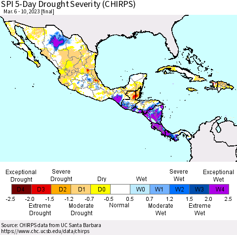 Mexico Central America and the Caribbean SPI 5-Day Drought Severity (CHIRPS) Thematic Map For 3/6/2023 - 3/10/2023