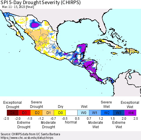 Mexico Central America and the Caribbean SPI 5-Day Drought Severity (CHIRPS) Thematic Map For 3/11/2023 - 3/15/2023