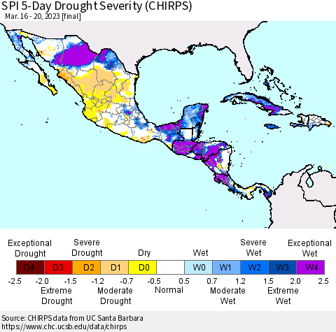 Mexico Central America and the Caribbean SPI 5-Day Drought Severity (CHIRPS) Thematic Map For 3/16/2023 - 3/20/2023