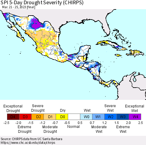 Mexico Central America and the Caribbean SPI 5-Day Drought Severity (CHIRPS) Thematic Map For 3/21/2023 - 3/25/2023