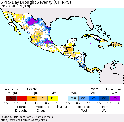Mexico Central America and the Caribbean SPI 5-Day Drought Severity (CHIRPS) Thematic Map For 3/26/2023 - 3/31/2023