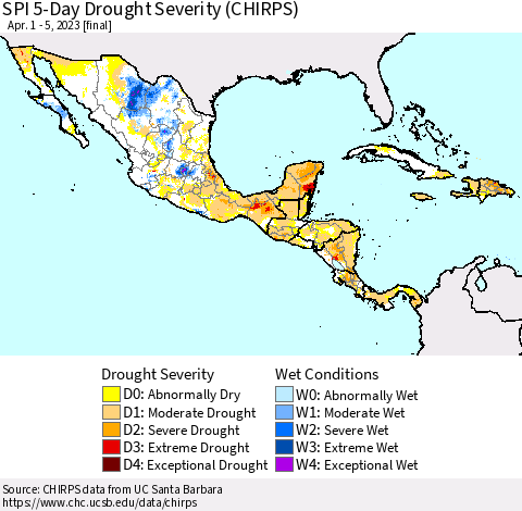 Mexico Central America and the Caribbean SPI 5-Day Drought Severity (CHIRPS) Thematic Map For 4/1/2023 - 4/5/2023