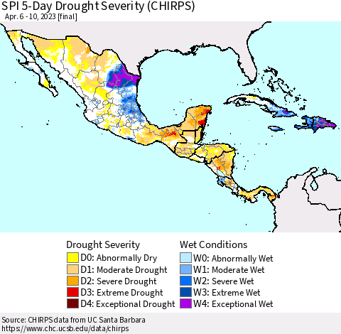 Mexico Central America and the Caribbean SPI 5-Day Drought Severity (CHIRPS) Thematic Map For 4/6/2023 - 4/10/2023