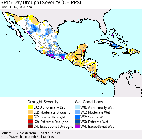 Mexico Central America and the Caribbean SPI 5-Day Drought Severity (CHIRPS) Thematic Map For 4/11/2023 - 4/15/2023