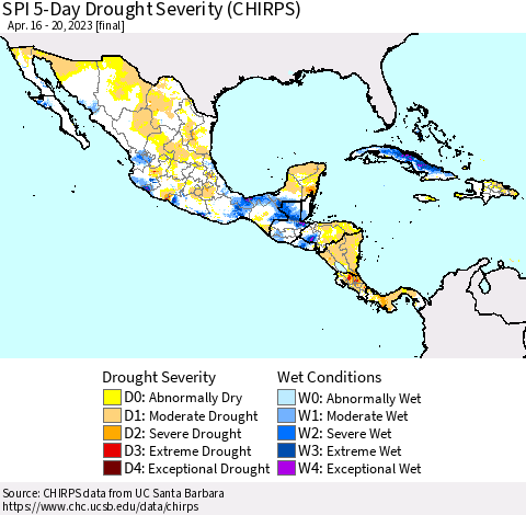 Mexico Central America and the Caribbean SPI 5-Day Drought Severity (CHIRPS) Thematic Map For 4/16/2023 - 4/20/2023
