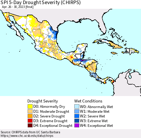 Mexico Central America and the Caribbean SPI 5-Day Drought Severity (CHIRPS) Thematic Map For 4/26/2023 - 4/30/2023