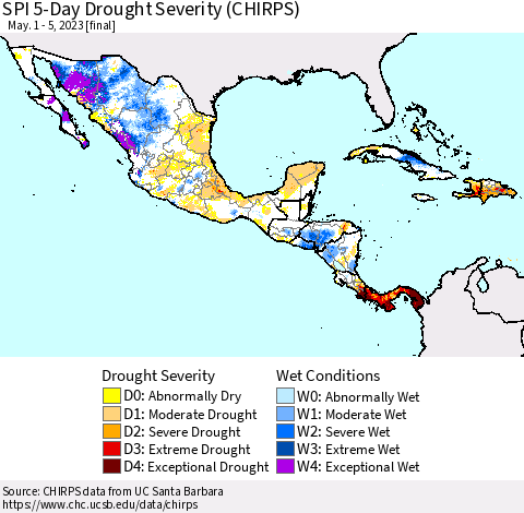 Mexico Central America and the Caribbean SPI 5-Day Drought Severity (CHIRPS) Thematic Map For 5/1/2023 - 5/5/2023
