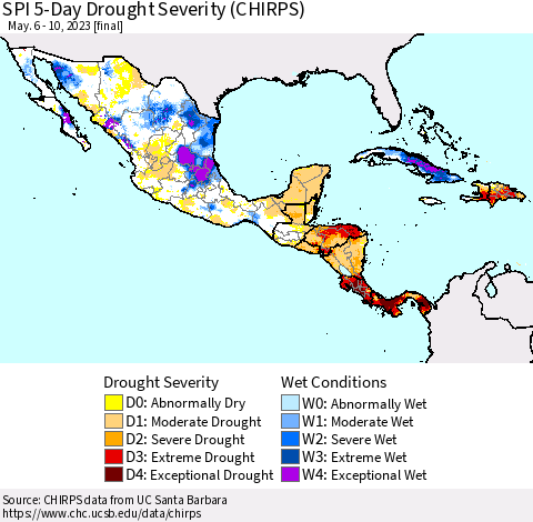 Mexico Central America and the Caribbean SPI 5-Day Drought Severity (CHIRPS) Thematic Map For 5/6/2023 - 5/10/2023