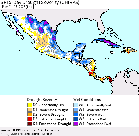 Mexico Central America and the Caribbean SPI 5-Day Drought Severity (CHIRPS) Thematic Map For 5/11/2023 - 5/15/2023