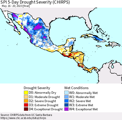 Mexico Central America and the Caribbean SPI 5-Day Drought Severity (CHIRPS) Thematic Map For 5/16/2023 - 5/20/2023