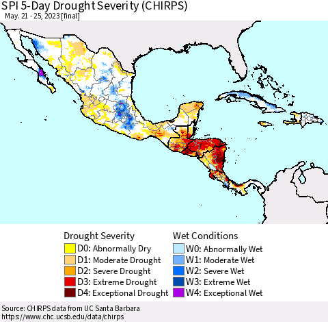 Mexico Central America and the Caribbean SPI 5-Day Drought Severity (CHIRPS) Thematic Map For 5/21/2023 - 5/25/2023