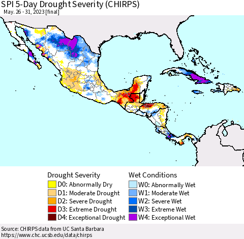 Mexico Central America and the Caribbean SPI 5-Day Drought Severity (CHIRPS) Thematic Map For 5/26/2023 - 5/31/2023