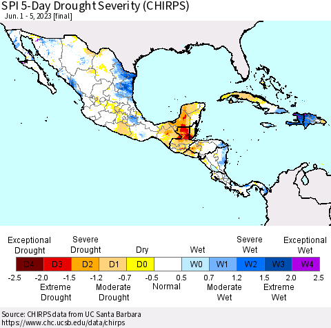 Mexico Central America and the Caribbean SPI 5-Day Drought Severity (CHIRPS) Thematic Map For 6/1/2023 - 6/5/2023