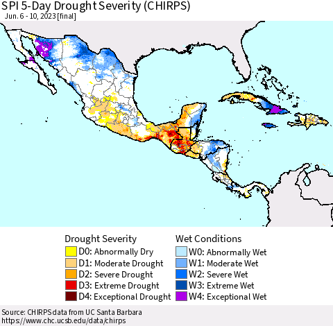 Mexico Central America and the Caribbean SPI 5-Day Drought Severity (CHIRPS) Thematic Map For 6/6/2023 - 6/10/2023