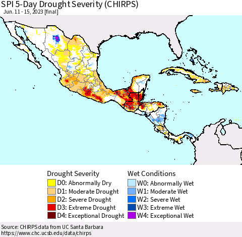 Mexico Central America and the Caribbean SPI 5-Day Drought Severity (CHIRPS) Thematic Map For 6/11/2023 - 6/15/2023