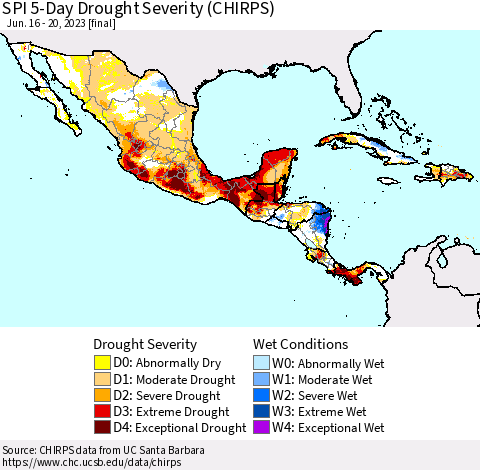 Mexico Central America and the Caribbean SPI 5-Day Drought Severity (CHIRPS) Thematic Map For 6/16/2023 - 6/20/2023