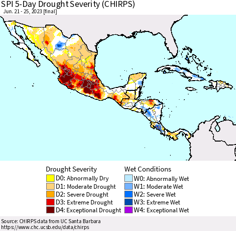 Mexico Central America and the Caribbean SPI 5-Day Drought Severity (CHIRPS) Thematic Map For 6/21/2023 - 6/25/2023