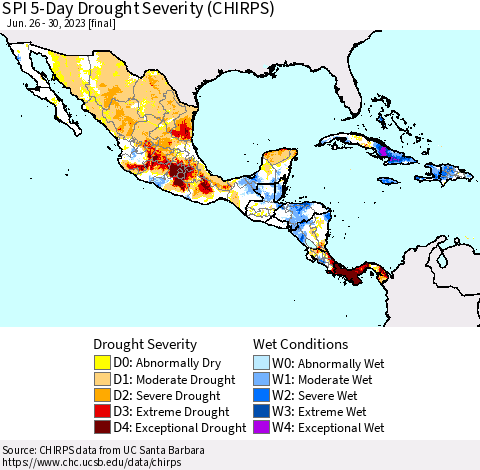 Mexico Central America and the Caribbean SPI 5-Day Drought Severity (CHIRPS) Thematic Map For 6/26/2023 - 6/30/2023