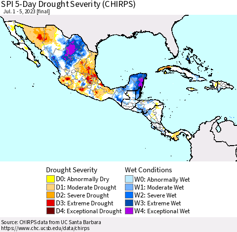 Mexico Central America and the Caribbean SPI 5-Day Drought Severity (CHIRPS) Thematic Map For 7/1/2023 - 7/5/2023