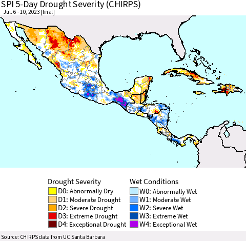 Mexico Central America and the Caribbean SPI 5-Day Drought Severity (CHIRPS) Thematic Map For 7/6/2023 - 7/10/2023