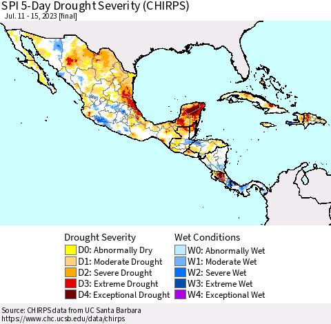 Mexico Central America and the Caribbean SPI 5-Day Drought Severity (CHIRPS) Thematic Map For 7/11/2023 - 7/15/2023